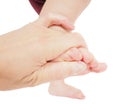 Male hand holding firmly around a foot of toddler in air Royalty Free Stock Photo