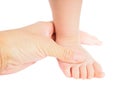 Male hand holding firmly around a foot of toddler isolated Royalty Free Stock Photo