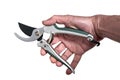 Male hand holding a Garden scissor tool isolated on white Royalty Free Stock Photo