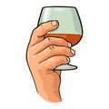 Male hand holding glass brandy. Color vector illustration