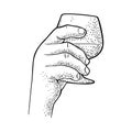 Male hand holding glass brandy. Vintage vector engraving