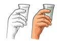 Male hand holding glass tequila. Vintage vector engraving