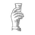 Male hand holding glass vodka. Vintage vector engraving