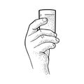 Male hand holding glass vodka. Vintage vector engraving