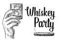 Male hand holding a glass with whiskey and ice cubes. Hand drawn design element. Vintage vector engraving illustration for label,