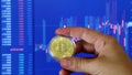 Male hand holding gold bitcoin coin and moves on BTC/USD chart background