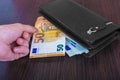 Male hand holding a leather wallet and withdrawing European currency Euro EUR Royalty Free Stock Photo