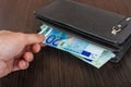 Male hand holding a leather wallet and withdrawing European currency Euro EUR Royalty Free Stock Photo