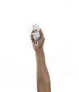 Male hand holding light bulb isolated white background Royalty Free Stock Photo