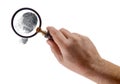 Man Hand Holding Magnifying Glass Viewing A Fingerprint on a White Background