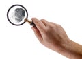 Male Hand Holding Magnifying Glass Viewing A Fingerprint on a White Background