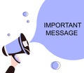 Male hand holding megaphone with important message speech bubble. Loudspeaker. Banner for business Royalty Free Stock Photo