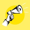 Male hand holding megaphone. Loudspeaker. Banner for Fake News, business, marketing and advertising. Vector illustration Royalty Free Stock Photo