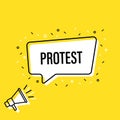 Male hand holding megaphone with protest speech bubble. Loudspeaker. Banner for business, marketing and advertising. Vector Royalty Free Stock Photo