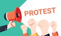 Male hand holding megaphone with protest speech bubble. Loudspeaker. Banner for business, marketing and advertising. Royalty Free Stock Photo