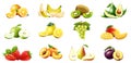 Sweet fruits. Banana, orange, kiwi, avocado, apple, lemon, grapes, mango, strawberry, peach, pear and plum, isolated on a white ba