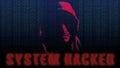 Hooded man with his face in shadows on dark background with binary code and system hacked text alert