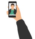 Male hand holding mobile phone and taking photo selfie. Self portrait of man on display or screen of smartphone. Vector