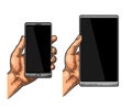 Male hand holding a modern mobile phone. Vintage drawn vector engraving Royalty Free Stock Photo