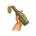 Male hand holding Molotov Cocktail. Flat vintage vector illustration.