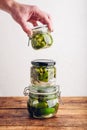 Glass Jars of Freshly Pickled Jalapeno Peppers with Herbs and Garlic