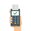 Male hand holding POS payment machine icon in flat style. Online payment vector illustration on isolated background. Banking Royalty Free Stock Photo