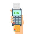 Male hand holding POS payment machine icon in flat style. Online payment vector illustration on isolated background. Banking Royalty Free Stock Photo