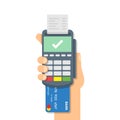 Male hand holding POS payment machine icon in flat style. Online payment vector illustration on isolated background. Banking Royalty Free Stock Photo