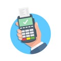 Male hand holding POS payment machine icon in flat style. Online payment vector illustration on isolated background. Banking Royalty Free Stock Photo