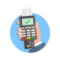 Male hand holding POS payment machine icon in flat style. Online payment vector illustration on isolated background. Banking Royalty Free Stock Photo