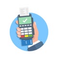 Male hand holding POS payment machine icon in flat style. Online payment vector illustration on isolated background. Banking Royalty Free Stock Photo