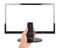 Male hand holding remote control to the TV screen isolated on white Royalty Free Stock Photo