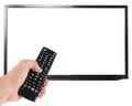 Male hand holding remote control to the TV screen isolated on white Royalty Free Stock Photo