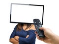 Male hand holding Remote Controller commanding mind of woman head blank screen TV isolated on white