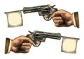 Male hand holding revolver with flag for text. Vector engraving vintage illustrations. Royalty Free Stock Photo