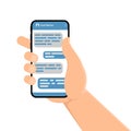 Male hand holding smartphone with message chart on screen. Vector illustration