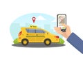 Male Hand Holding Smartphone with Public Taxi Service Application Vector Illustration