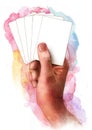 Male hand holding some white blank playing or buisness cards, sketch