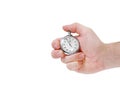 Male hand holding a stopwatch on white background Royalty Free Stock Photo