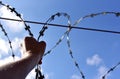 Male hand holding on to the barbed wire against the blue sky. The concept of not freedom as exclusion and desire for freedom Royalty Free Stock Photo