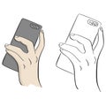 Male hand holding and touching on back side mobile smartphone vector illustration sketch doodle hand drawn with black lines Royalty Free Stock Photo