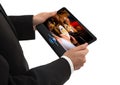 Male hand holding a touchpad pc showing a movie Royalty Free Stock Photo