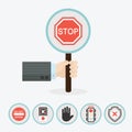 Male hand holding vertical circle paddle stick with stop sign Royalty Free Stock Photo