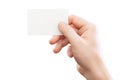 Male hand holding white business card at isolated background