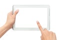 Male hand holding the white tablet pc computer and touching with blank screen isolated on white background with clipping path. Royalty Free Stock Photo