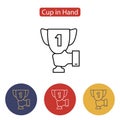 Male hand holding winner cup icon.