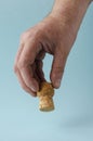 Male hand holds champagne cork