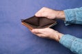 Male hand holds an empty wallet. Men`s hands holding an empty leather wallet Royalty Free Stock Photo