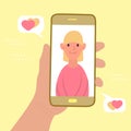 Male hand holds mobile phone. On screen is image of cute girl. Concept of dating in social network, correspondence, conversation,