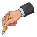 Male hand holds a pen. Vector illustration hand of a businessman holds a pen. Hand drawn male hand in a suit holds a pen